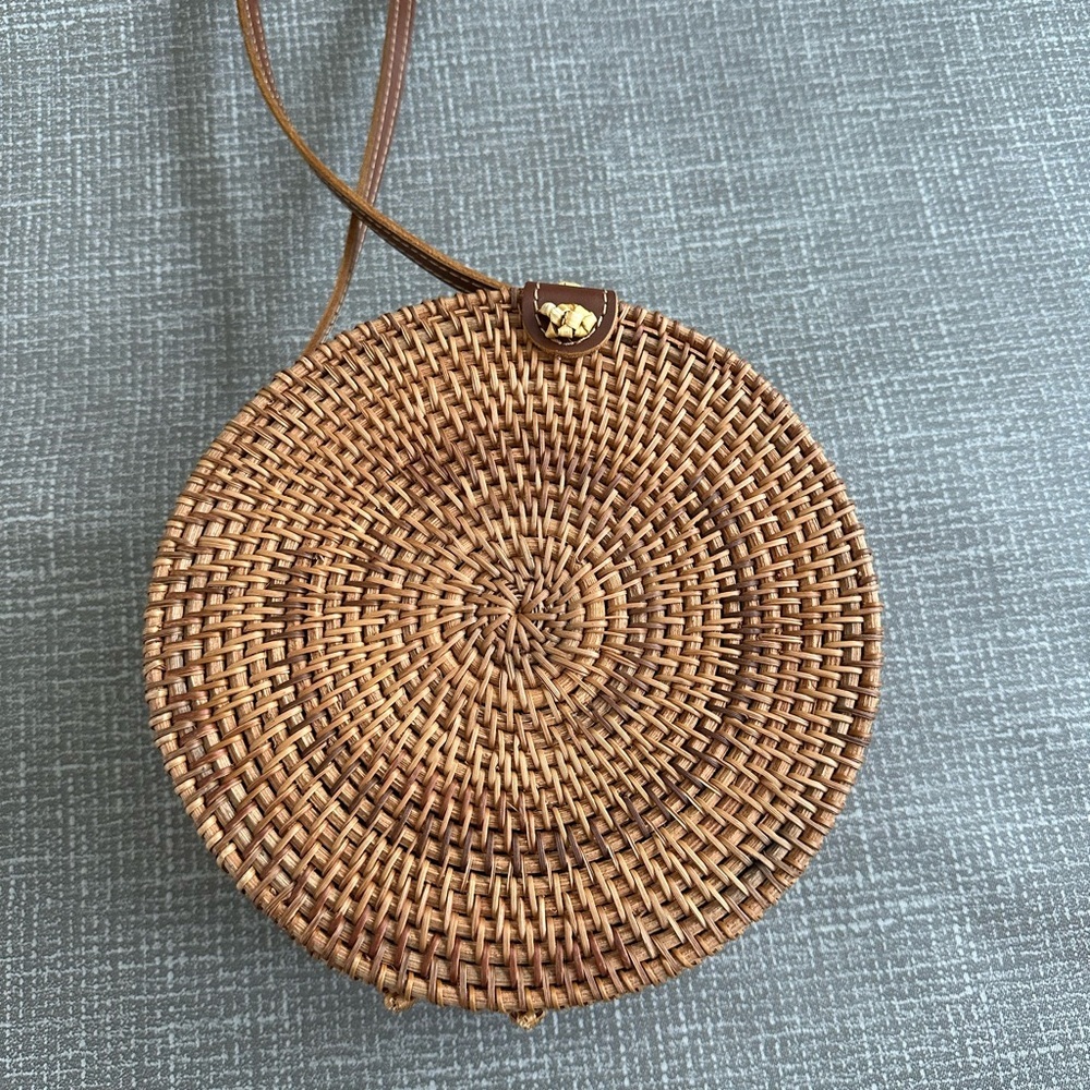 Wicker Round Rattan Woven straw bag Crossbody Purse Brown - Picture 4 of 13